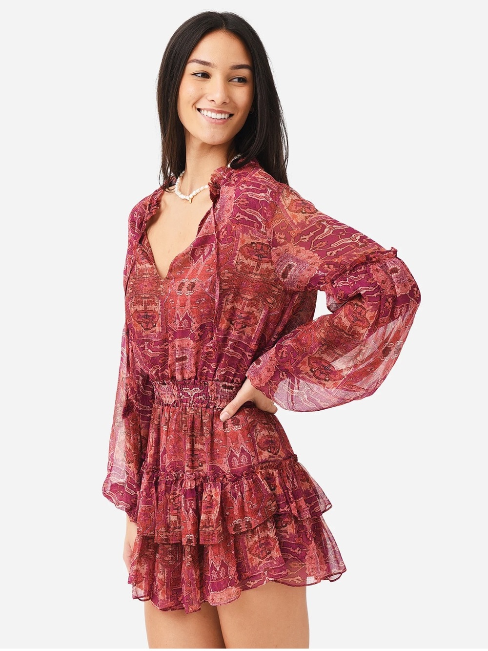 Misa Los Angeles Burgundy Printed Tiered Mini Dress